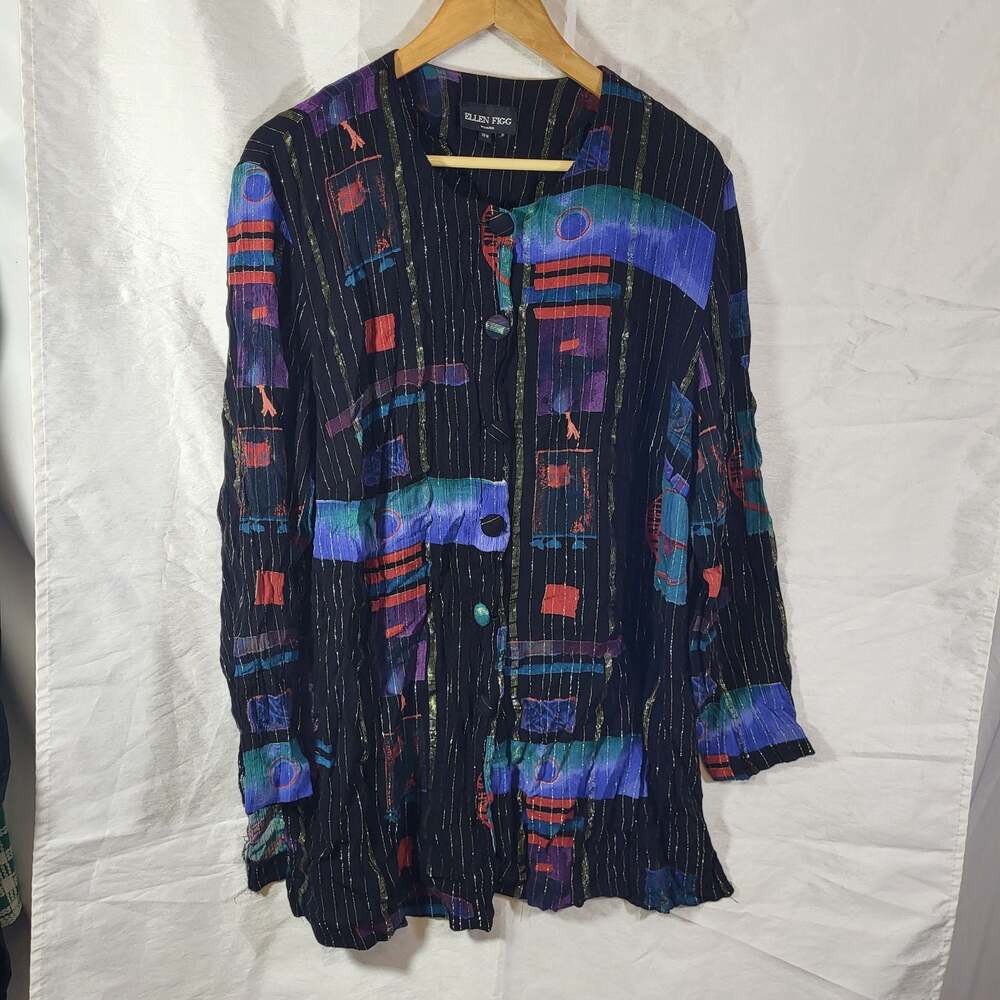 Vintage Ellen Figg Woman Abstract Geometric Print Lurex Button Down Jacket, 18w